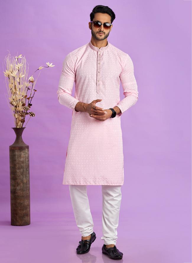 Art Silk Ice Pink Festival Wear Jacquard Kurta Pajama